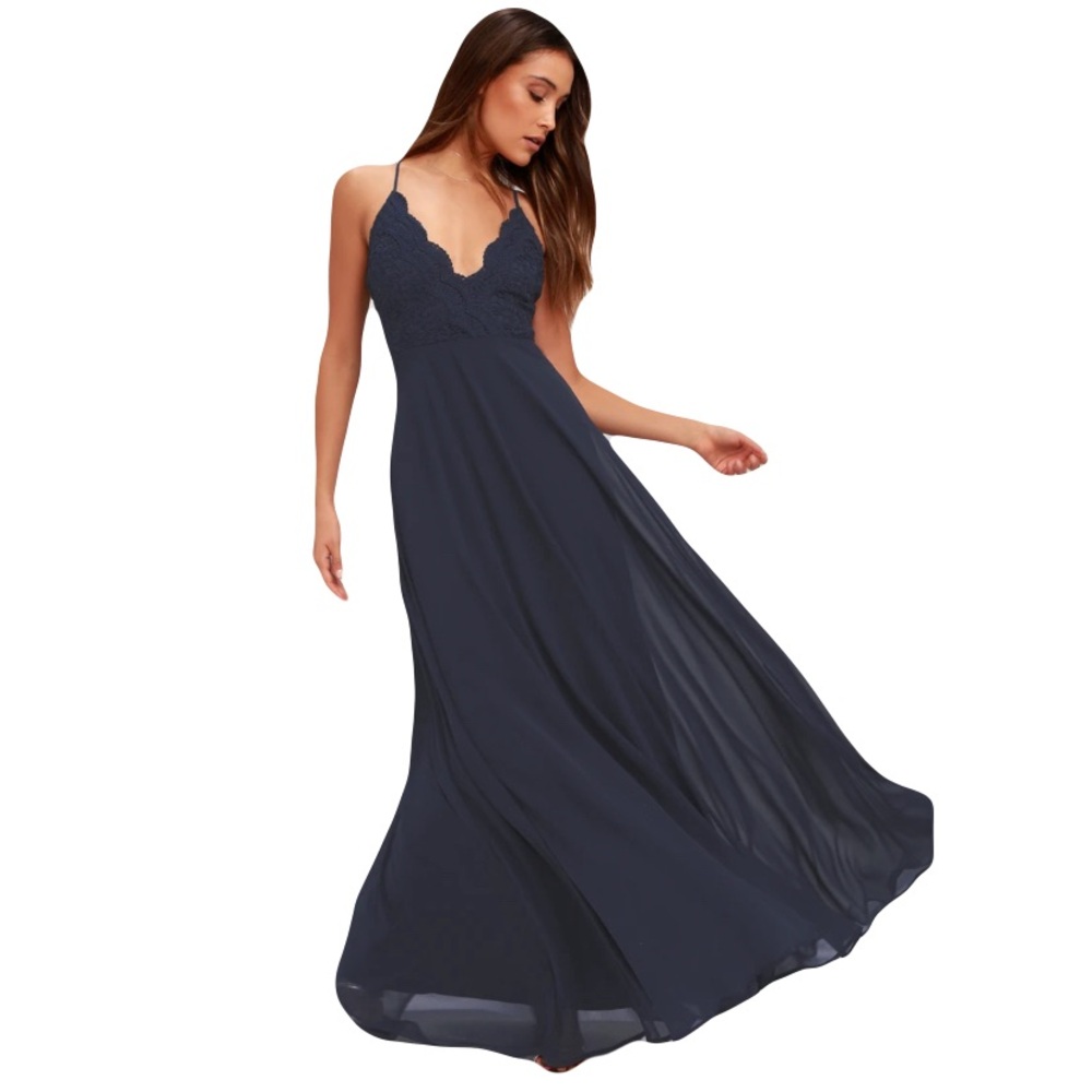 Lulu’s Madalyn Navy Lace Bridesmaid Formal Black‎ Tie Maxi Prom Dress Small NEW